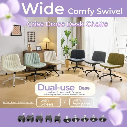 Miniatura 9 de VINGLI Silla de Patas Cruzadas, Silla de Escritorio de Oficina Ancha y Cómoda, Doble Uso con/sin Ruedas, Silla de Trabajo para Computadora, Silla