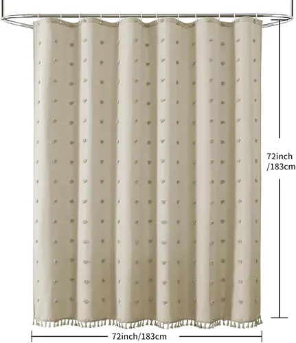 Miniatura 7 de LilyCat Cortina de Ducha de Tela Beige Estilo Boho Granja, 72x72 pulgadas Plisados Acolchados Florales Abullonados con Textura de Borlas, Cortina