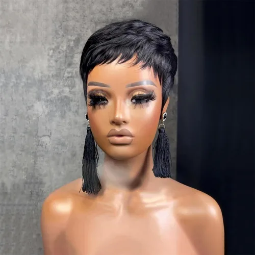 Miniatura 3 de YJOQOKOA Peluca corta de corte Pixie para mujeres negras, peluca de cabello humano lacio negro natural, peluca estilo Bob, pelucas cortas en capas
