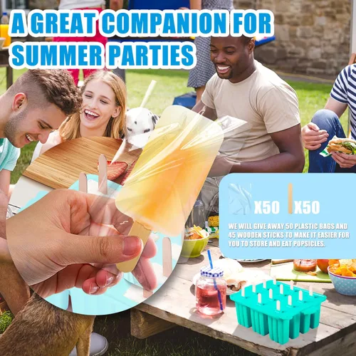 Miniatura 6 de Moldes de silicona para paletas de hielo, sin BPA, de grado alimenticio, con 50 palitos de paleta, 50 bolsas de paletas para niños, fácil limpieza
