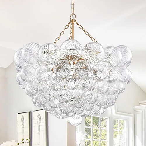Miniatura 13 de Longree Lámpara de techo semiempotrada con bola de burbujas, diámetro de 20 pulgadas, cristal soplado dorado y transparente, pequeña lámpara de Oro