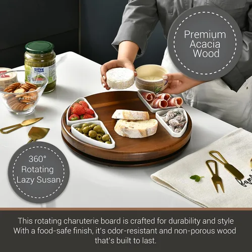 Miniatura 5 de Shanik Juego Mejorado de Tabla Giratoria Lazy Susan para Cortar Queso - Tabla Redonda de Acacia para Charcutería con 4 Tazones de Cerámica - Regalos