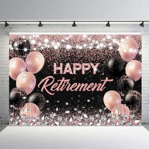 MEHOFOND Telón de fondo para fiesta de jubilación, color oro rosa y plateado, felicitaciones de retirada, fotografía de fondo, globos con purpurina,