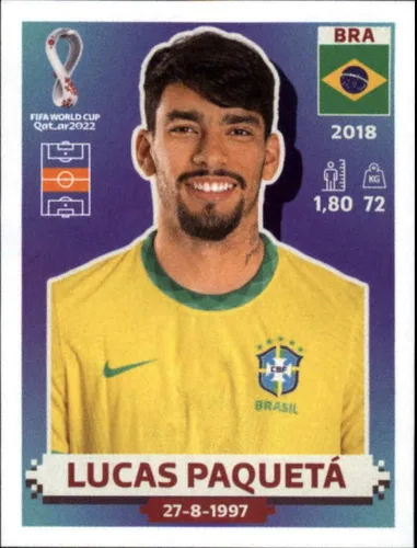 Adhesivo de fútbol de la Copa Mundial Panini 2022 #BRA14 Lucas Paqueta Brasil Group G, calcomanía oficial del álbum del WC de Qatar en bruto (NM o