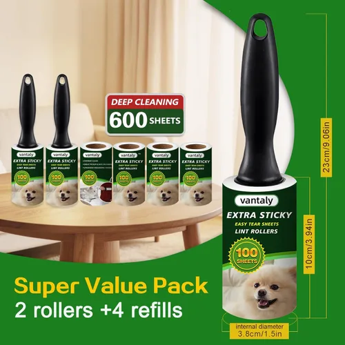Miniatura 3 de Rodillos de pelusa para pelo de mascotas extra pegajosos, juego de 600 hojas de rodillo de pelusa con 2 asas mejoradas, 6 rodillos portátiles