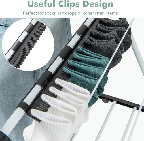 Miniatura 5 de Giantex Estante de secado de ropa, 2 capas de acero inoxidable plegable, con altura ajustable de 6 niveles, clips útiles, ahorro de espacio, Blanco