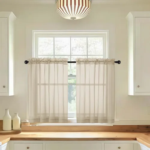 Miniatura 27 de LIVEKID Cortinas traslúcidas negras de cocina de 36 pulgadas de largo, cortinas cortas filtrantes de luz, 2 paneles de gasa aireada, texturizadas