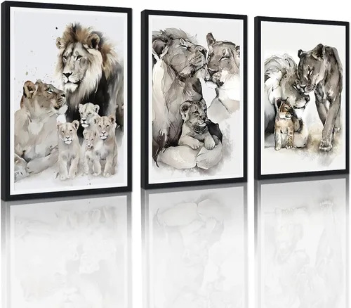 Miniatura 16 de 3 piezas modernas de lienzo de león de animales salvajes, pinturas de retratos de familia de leones, decoración de pared, obras de arte de sala