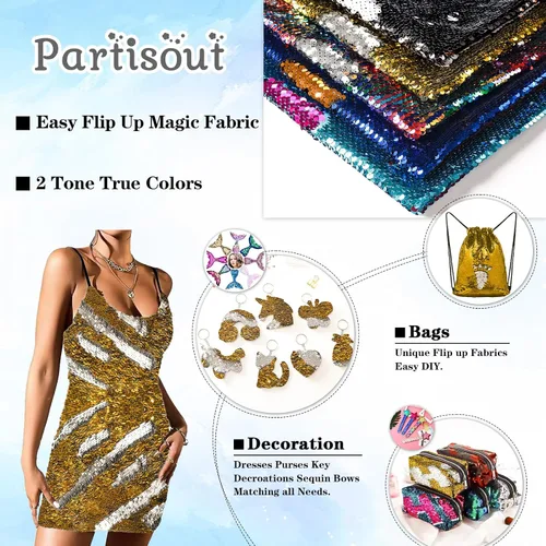 Miniatura 5 de Partisout Tela de lentejuelas reversible de 1 yarda: plata a oro de dos tonos, tela de purpurina de sirena para vestidos de bricolaje, telones
