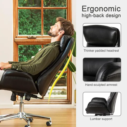 Miniatura 4 de Glitzhome Mid-Century Modern Air Leatherette Silla de oficina giratoria ajustable con respaldo alto, color negro
