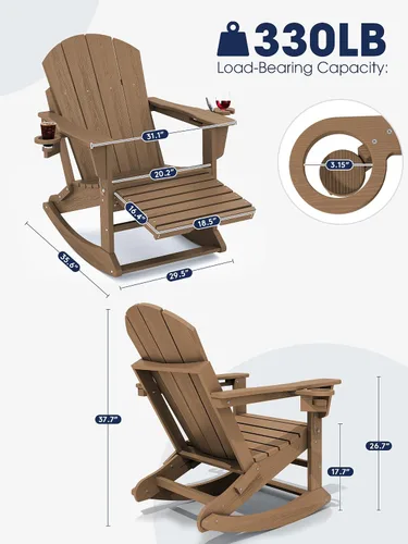 Miniatura 2 de KINGYES Silla mecedora Adirondack con otomano retráctil y portavasos, silla reclinable de patio Adirondack de HDPE para porche, patio, balcón, Teca