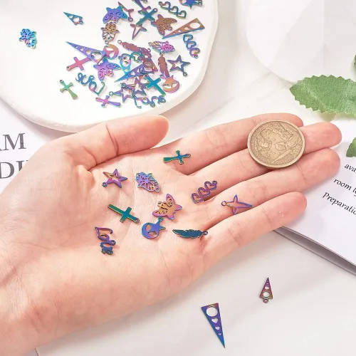Miniatura 134 de FASHEWELRY 16 dijes de plumas de arco iris de acero inoxidable con alas de filigrana, adornos de metal de 4 colores para hacer joyas, pulseras