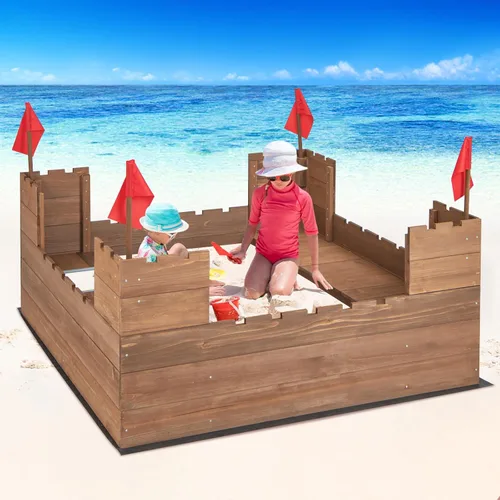 Miniatura 2 de HONEY JOY Caja de arena para niños, pozo de arena sin fondo de cedro para patio trasero, 4 banderas rojas y forro inferior, banco lateral y 2 cajas