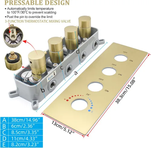 Miniatura 4 de Válvula mezcladora termostática de ducha con botón pulsador de 3 funciones de latón oculto control desviador para cabezal de ducha dorado cepillado