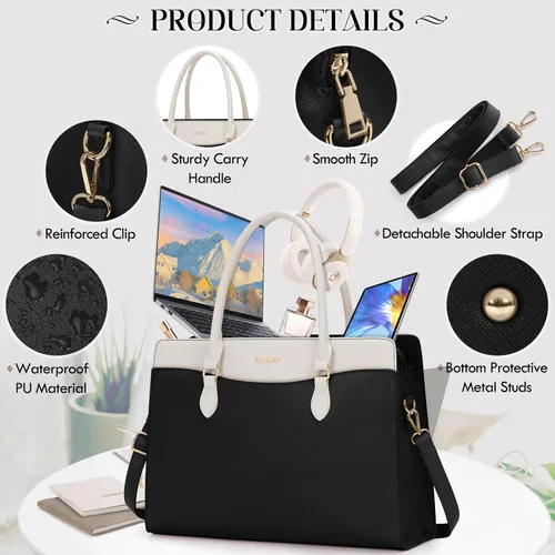 Miniatura 6 de Bolsa para laptop RAINSMORE para mujeres de 15.6 pulgadas, impermeable, de cuero PU, bolsas de mano grande para laptop, bolsa de trabajo profesional
