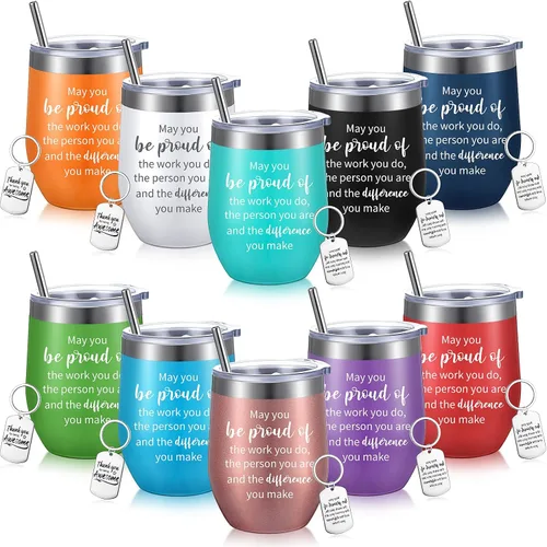 Inbagi Juego de 10 vasos de vino inspiradores con pajilla, tazas de agradecimiento a los empleados y llaveros, vasos de acero inoxidable con texto