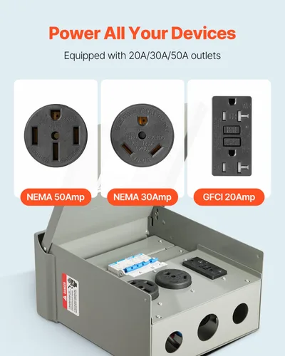 Miniatura 3 de VEVOR Panel de salida de energía temporal, caja de interruptor eléctrico para RV resistente a la intemperie con receptáculo de 20/30/50 amperios