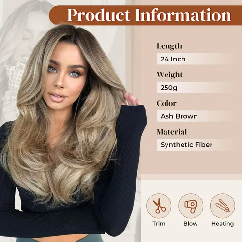 Miniatura 2 de LONAI Pelucas de color castaño ceniza para mujer, 24 pulgadas de largo, color marrón degradado, parte media, peluca de cabello sintético para uso