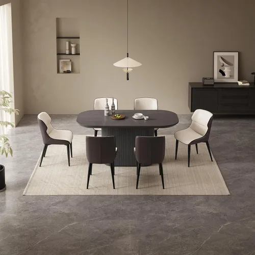 Miniatura 9 de Mesa de comedor ovalada de 63 pulgadas para 2-6 personas, mesa de cocina negra moderna, mesa de comedor rectangular de lujo, mesa de comedor