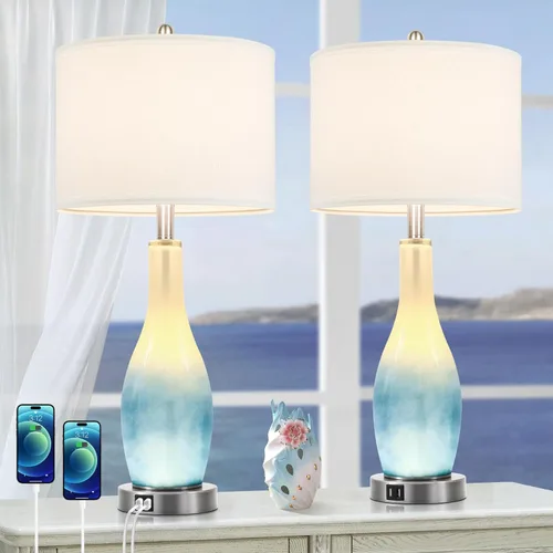 BesLowe Juego de 2 lámparas de mesa de cristal de 26 pulgadas de alto con 2 puertos de carga USB y luz nocturna LED, lámparas de mesa costeras