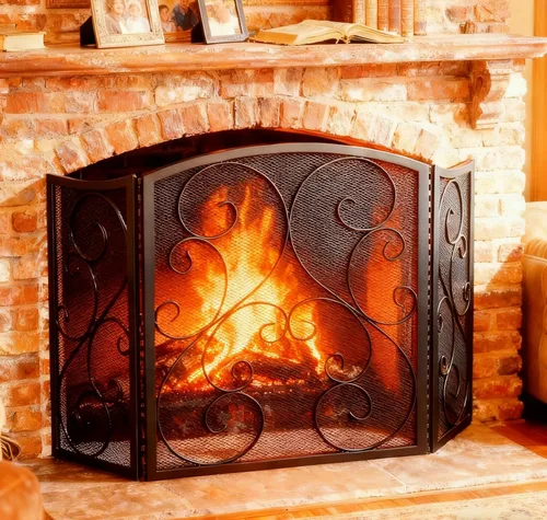 Miniatura 13 de Fire Beauty Pantalla de Chimenea de 3 Paneles de Hierro Forjado Metálico 48"(L) x 30"(H) Protector contra Chispas (Acabado Dorado)