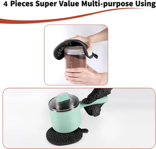 Miniatura 5 de Manoplas de horno y soportes para ollas, juego de guantes de horno resistentes al calor de 500 ℉, guantes de horno de silicona, agarre texturizado