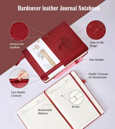 Miniatura 4 de Cuaderno rayado de 365 páginas, tamaño A5, diario grueso para escribir cuaderno a rayas, diario de cuero de tapa dura para mujeres y hombres, Vino