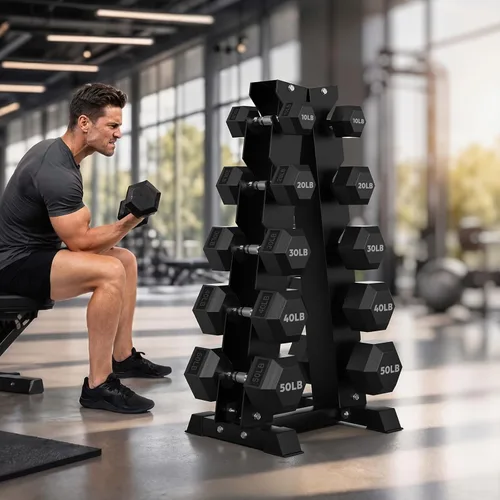 Miniatura 10 de HANDBODE Rubber Coated Hex Dumbbell Set with A-Frame Rack, 100 lb - 550 lb Multiple Options Weight, Hexagon Non-Rolling Shape, Ergonomic Knurled