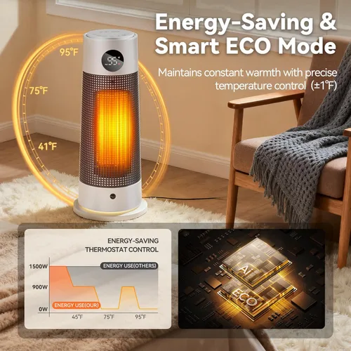 Miniatura 5 de Calentador de espacio con mando a distancia, calentador eléctrico de torre de 15.7 pulgadas para uso en interiores, calentador de cerámica PTC