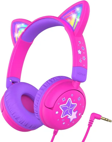 iClever - Auriculares infantiles con diseño de oreja de gato, luz LED, volumen seguro de 85 dBA, auriculares estéreo para niños para viajes o la