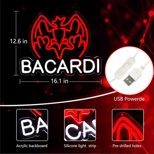 Miniatura 5 de AHlove Letrero de neón comercial Bacardi Rum para decoración de pared de bar, letrero de bar abierto decorativo alimentado por USB para decoración