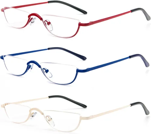Lentes de lectura de media montura de metal, con bisagra de resorte y bolsa de cuero para hombres y mujeres
