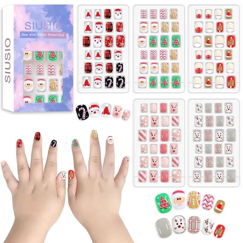 Miniatura 19 de 120 unidades de 5 uñas postizas acrílicas a presión para niños, lindo prepegamento de cubierta completa con purpurina, color degradado, arcoíris