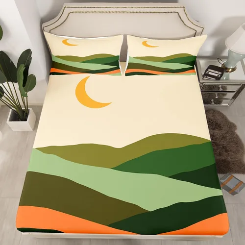Miniatura 9 de Erosebridal Sábanas de cama modernas de mediados de siglo, sábana bajera con estampado de luna, tamaño individual, minimalismo, sábanas de montaña