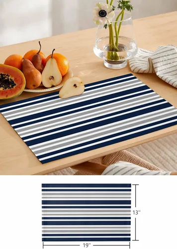 Miniatura 6 de Juego de 6 manteles individuales lavables de lino y algodón para cocina, mesa de comedor, color azul marino, gris y blanco, a rayas