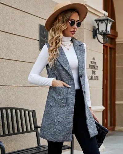 Miniatura 6 de Kedera Chaleco largo de un solo pecho para mujer, casual, sin mangas, con bolsillo, ropa de abrigo larga