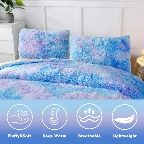 Miniatura 3 de PERFEMET Juego de cama de 3 piezas de felpa azul peluda tamaño queen, estampado de teñido largo, ropa de cama arcoíris de piel sintética para niñas