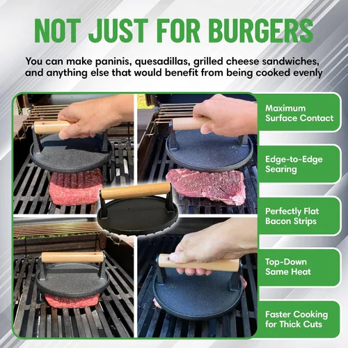 Miniatura 3 de Evelots Prensa de hamburguesas de hierro fundido, trituradora de hamburguesas presazonada para parrilla, prensa pesada para carne, queso a