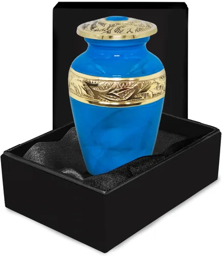 Urnas pequeñas para recuerdo de cenizas humanas, urna conmemorativa azul hecha a mano con acento de latón, mini urna de recuerdo para hombres y