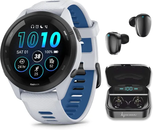 Miniatura 9 de Garmin Forerunner 265 Music GPS Reloj inteligente para correr de 46 mm, Aqua con pantalla táctil AMOLED de 1.3 pulgadas y auriculares negros