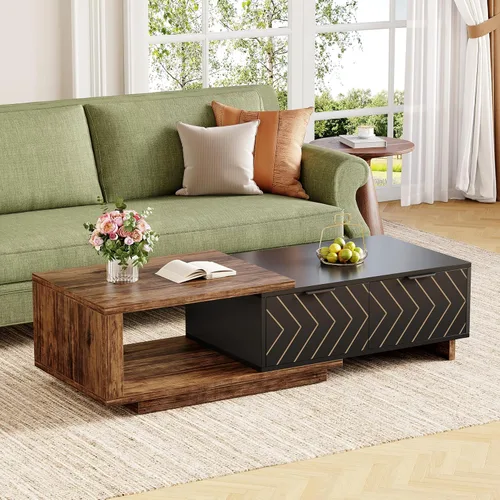 LITTLE TREE Mesa auxiliar de madera expandible con 2 cajones, mesa central rectangular de granja que ahorra espacio, perfecta para sala de estar y