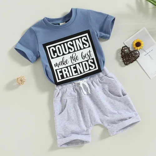 Miniatura 53 de Conjunto de traje de verano para bebé niño pequeño, manga corta, cuello redondo, letras impresas, lindo traje de verano, conjunto de 2 piezas