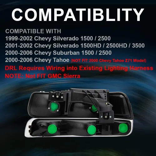 Miniatura 2 de Conjunto de faros LED CNNELL compatible con Chevy Silverado 1999-2002/Suburban Tahoe 2000-2006, carcasa cromada con lente transparente, reflector