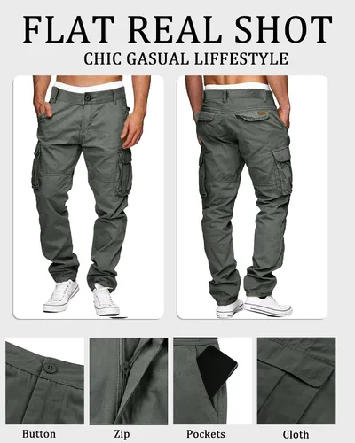 Miniatura 3 de LVCBL Pantalones cargo para hombre, de algodón, ajuste relajado, con múltiples bolsillos para hombre