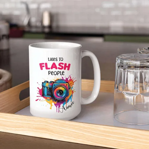 Miniatura 4 de Taza personalizada con texto en inglés "Me gusta destellar", taza de té de cerámica con cámara colorida personalizada con nombre, tazas de café
