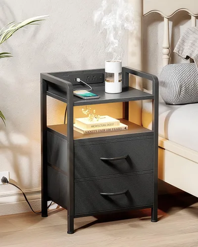 Miniatura 2 de Lazzanto Mesita de noche para dormitorio, mesita de noche con estación de carga y tira de luz LED, mesita de noche con estante de almacenamiento y 2