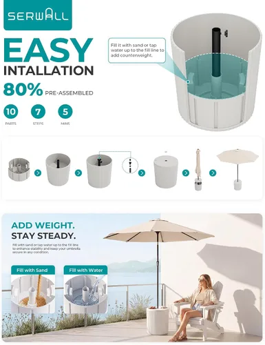 Miniatura 9 de SERWALL Outdoor Round Umbrella Side Table, 3-in-1 Ice Bucket & Side Table & Storage Box, Multi-Functional Use for Porch/Patio/Poolside, Beige
