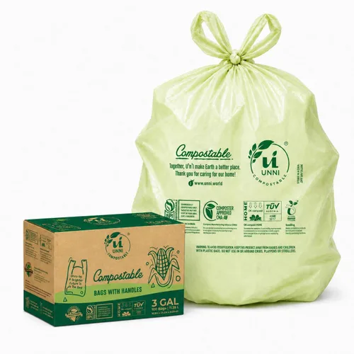 Miniatura 15 de UNNI Bolsas de basura compostables de 3 galones con asas de corbata, 100 bolsas pequeñas de compost de cocina para basura de encimera, certificadas