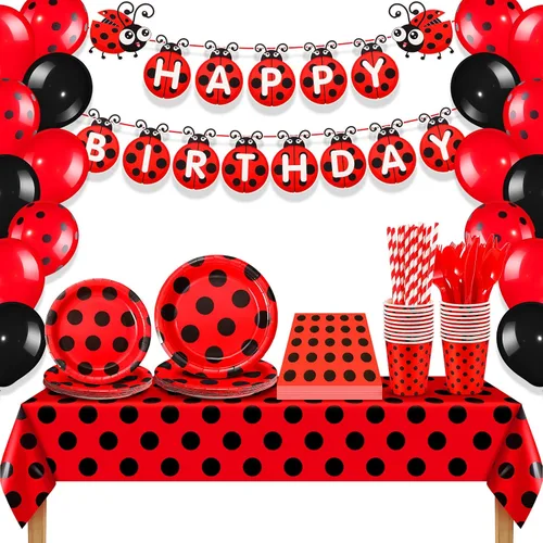 Miniatura 8 de Sumind Juego de 200 decoraciones de fiesta de cumpleaños con temática de mariquita, suministros para fiestas temáticas de mariquita, vajilla