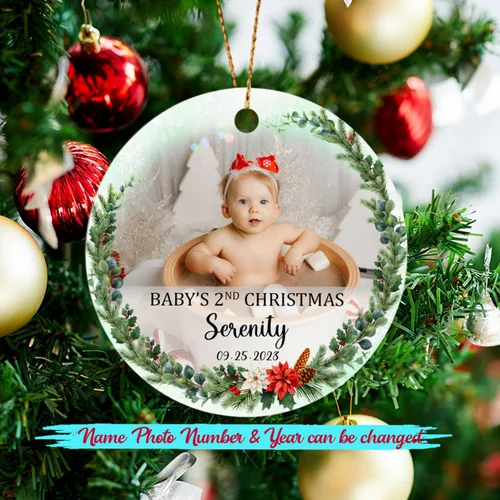 Miniatura 2 de Adorno de Navidad de la segunda Navidad del bebé 2026, marco de fotos de corona, adorno de segunda Navidad para papá, mamá, nombre de bebé